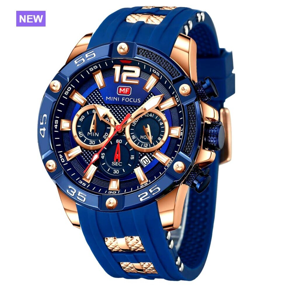 Men's Chronograph Watch with Silicone Band, Water Resistant, Luminous